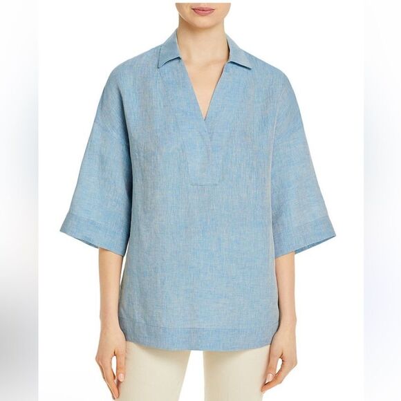 Lafayette 148 Pippen Linen Blouse in Fresh Blue - Picture 1 of 5